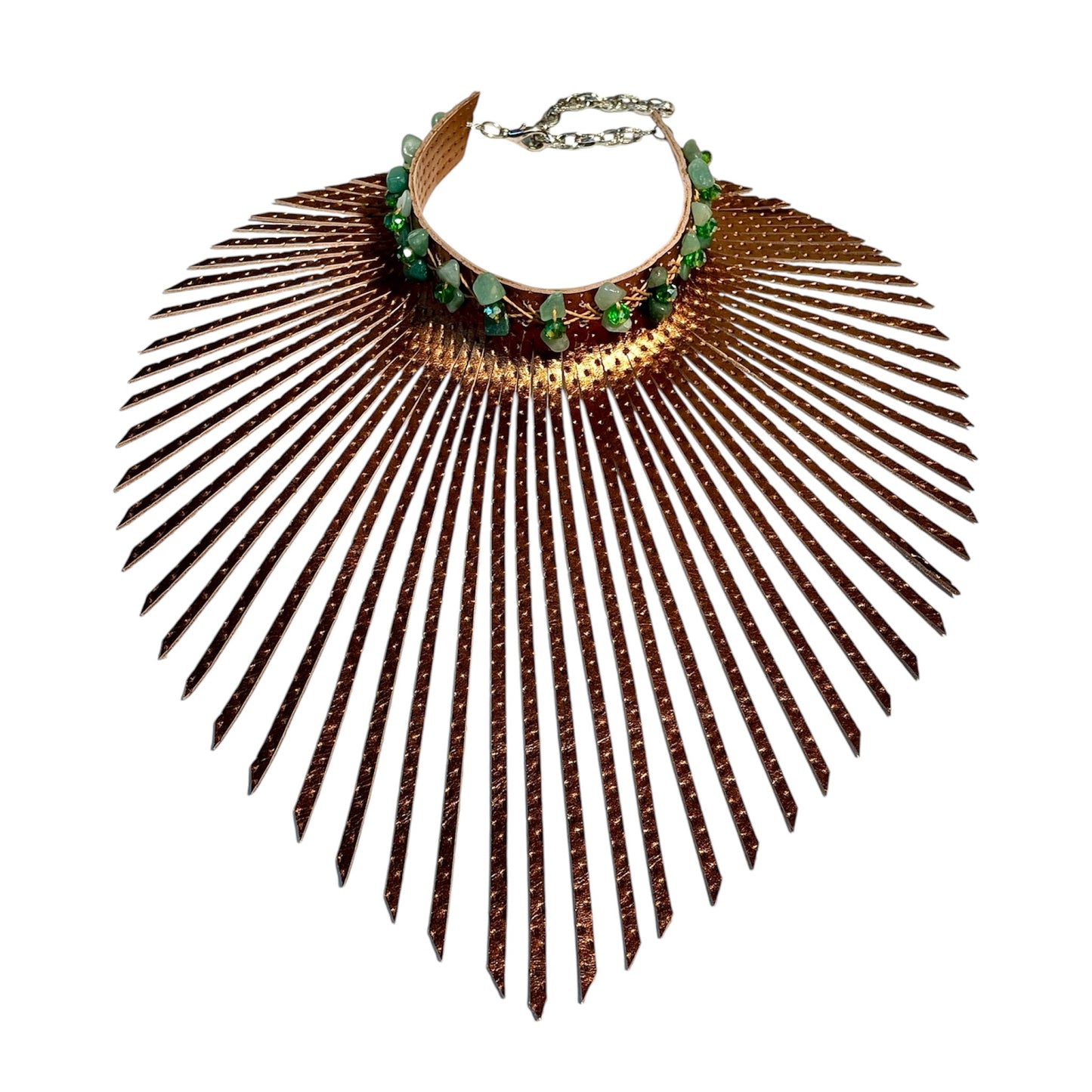 Red Gold Embossed Leather Fringe Choker Adorned With Jade Stones & Quartz Crystal Beads