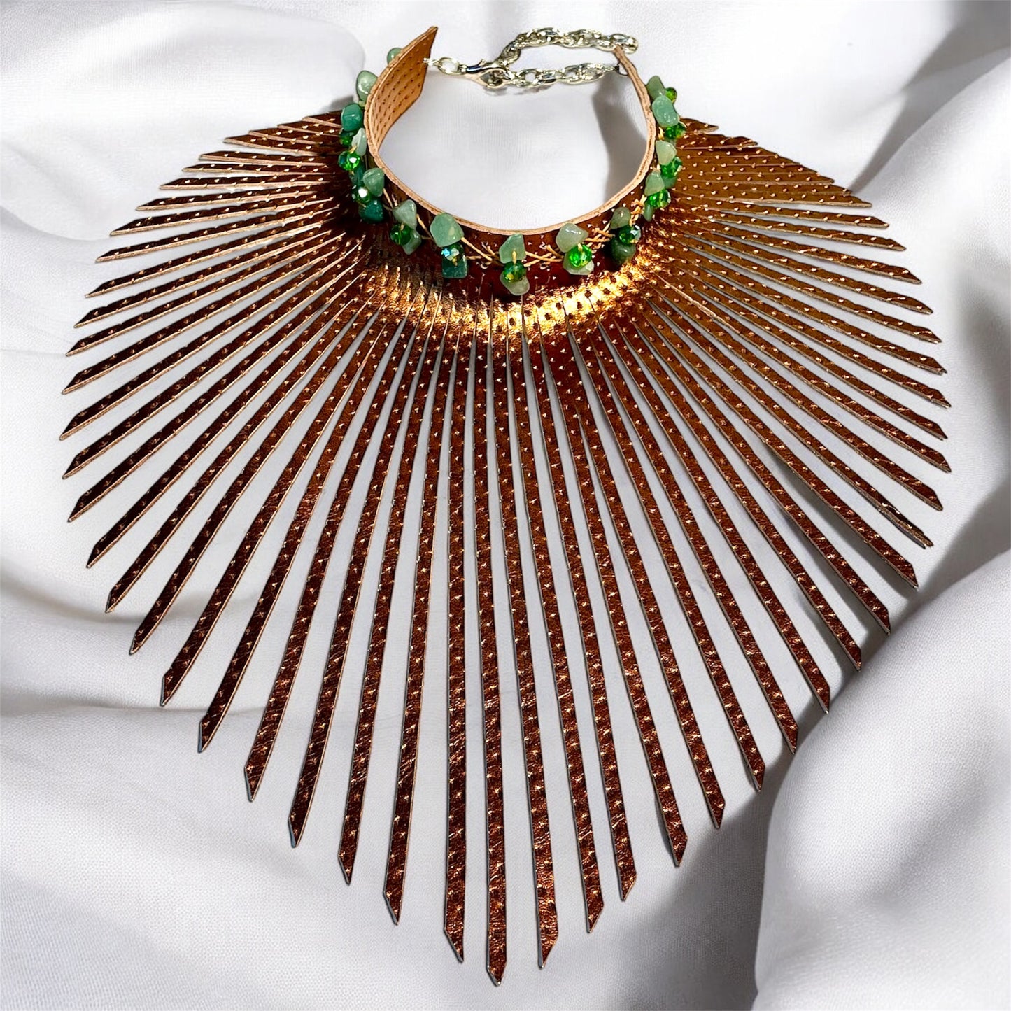Red Gold Embossed Leather Fringe Choker Adorned With Jade Stones & Quartz Crystal Beads