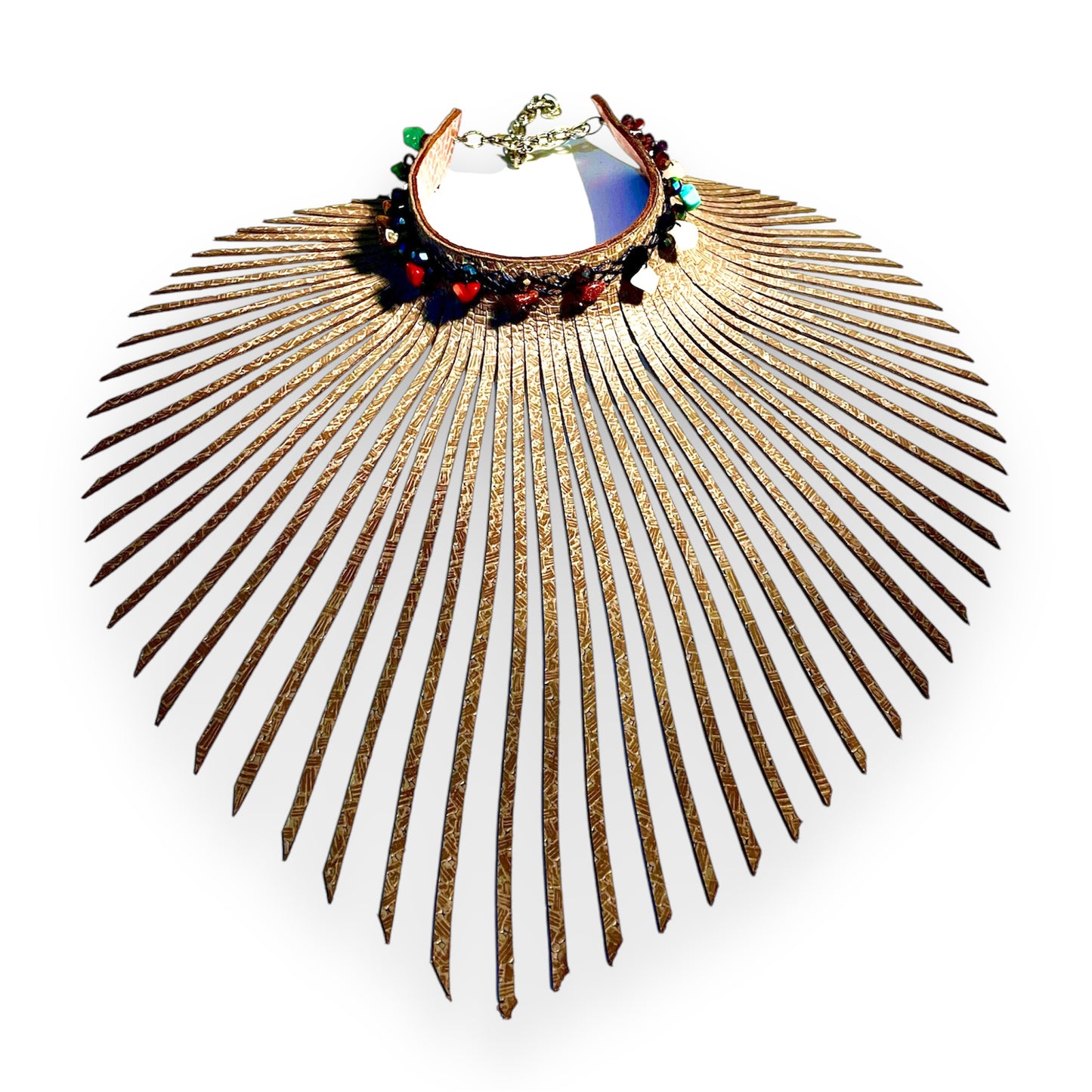Pastel Colour Patterned Embossed Leather Fringe Leather Choker Adorned With Various Gem Stones And Quartz Crystal Beads