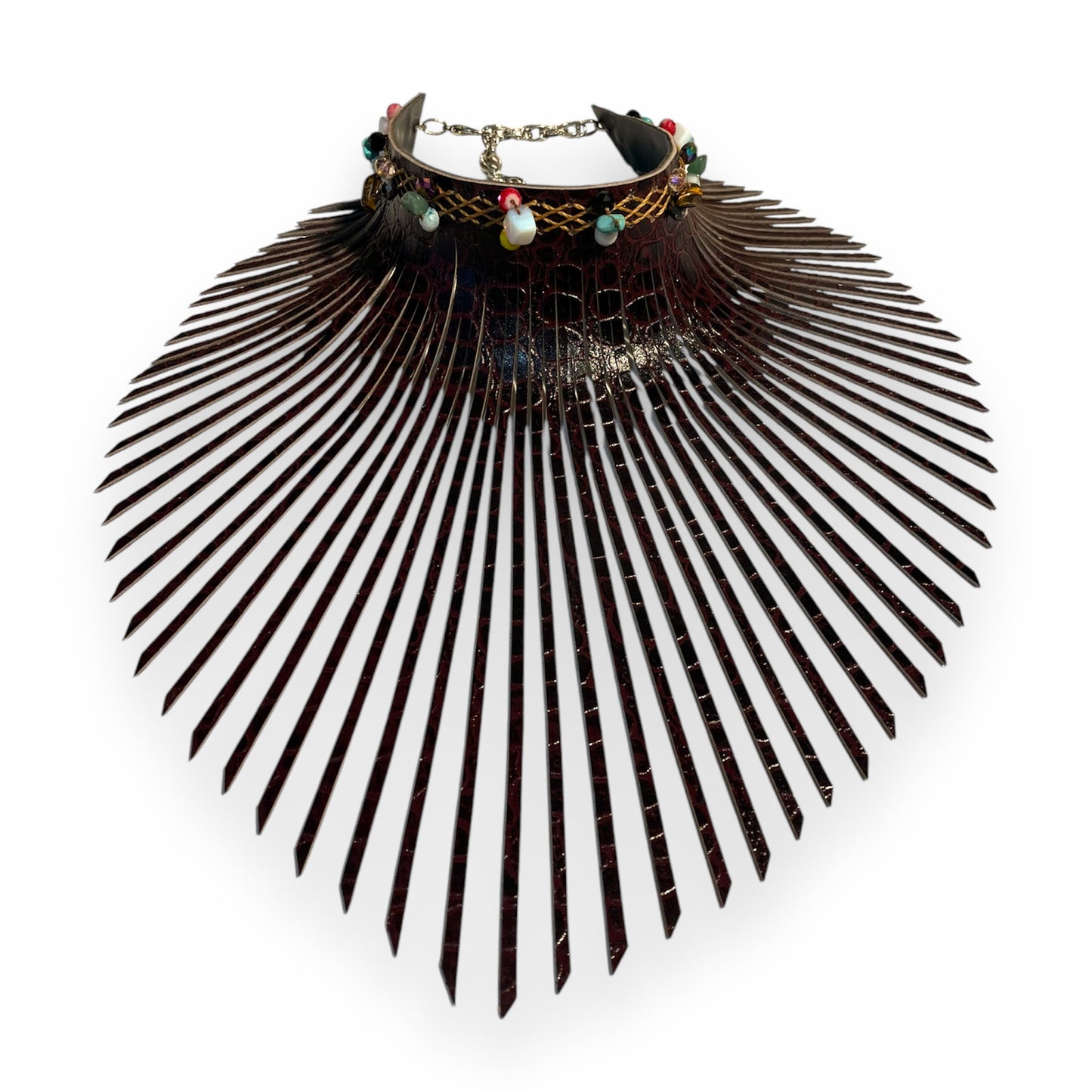 Dark Brown Embossed Fringe Leather Choker Adorned With Assortment of Natural Stones And Coloured Quartz Crystal Beads