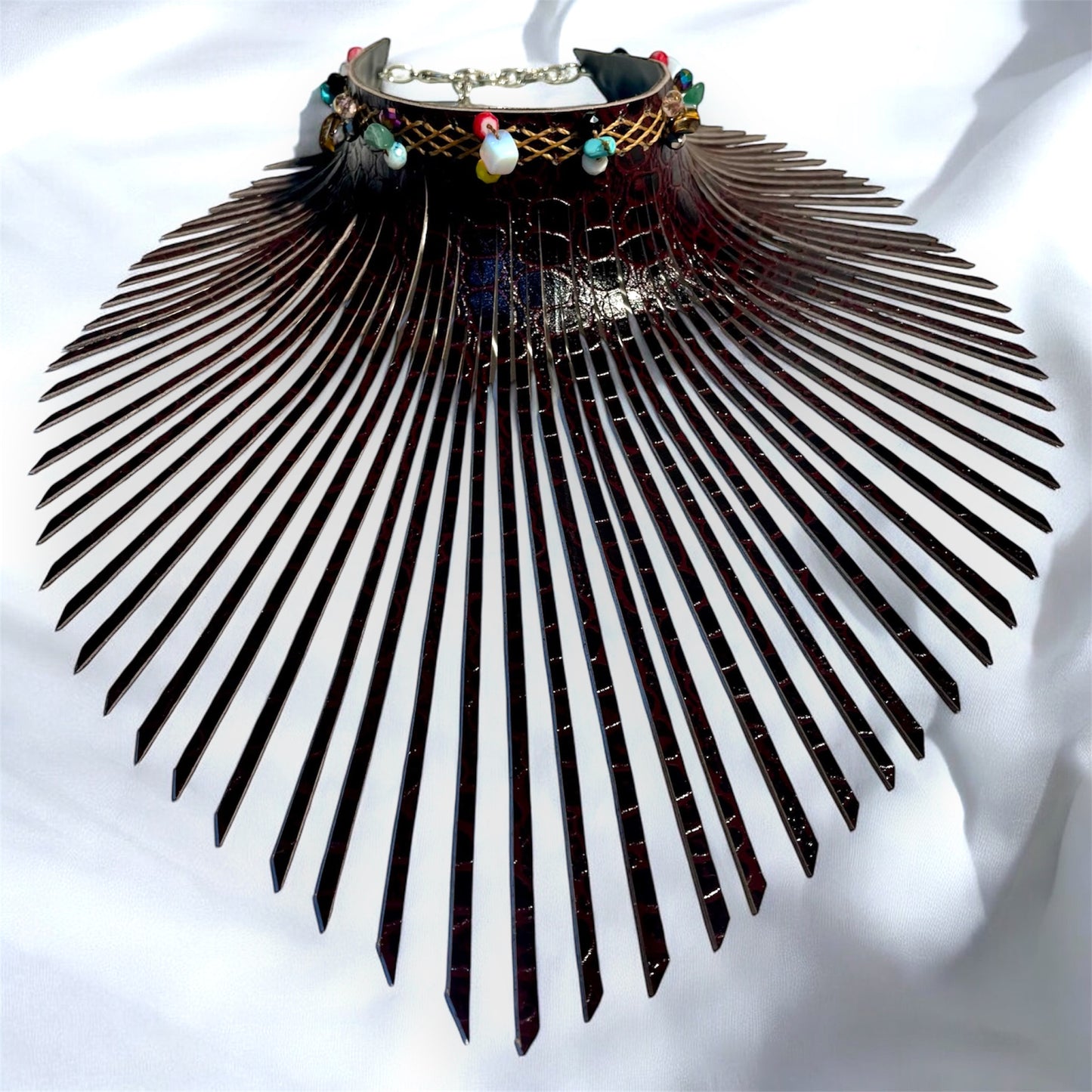 Dark Brown Embossed Fringe Leather Choker Adorned With Assortment of Natural Stones And Coloured Quartz Crystal Beads