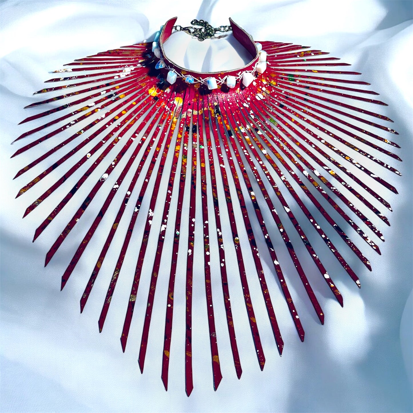 Rose Artistic Colour Splashed Leather Fringe Choker Adorned With Opel Raw Gem Stones