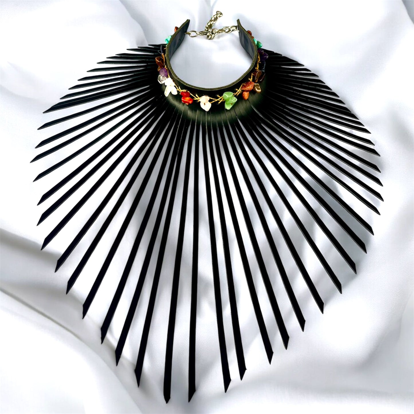 Black Leather Fringe Choker adorn With Selection Of Gem Stones and Clear Quartz Crystal Beads.