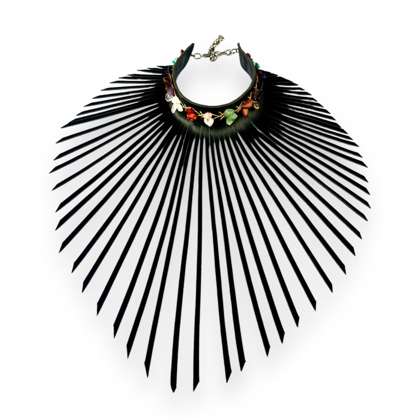 Black Leather Fringe Choker adorn With Selection Of Gem Stones and Clear Quartz Crystal Beads.