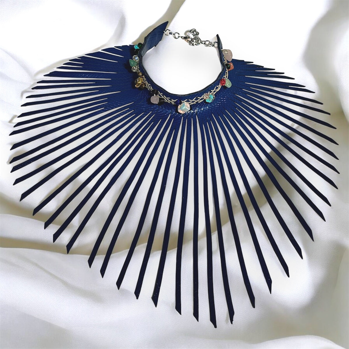 Blue Embossed Leather Fringe Choker with Mixed Gemstones & Quartz, handmade statement choker