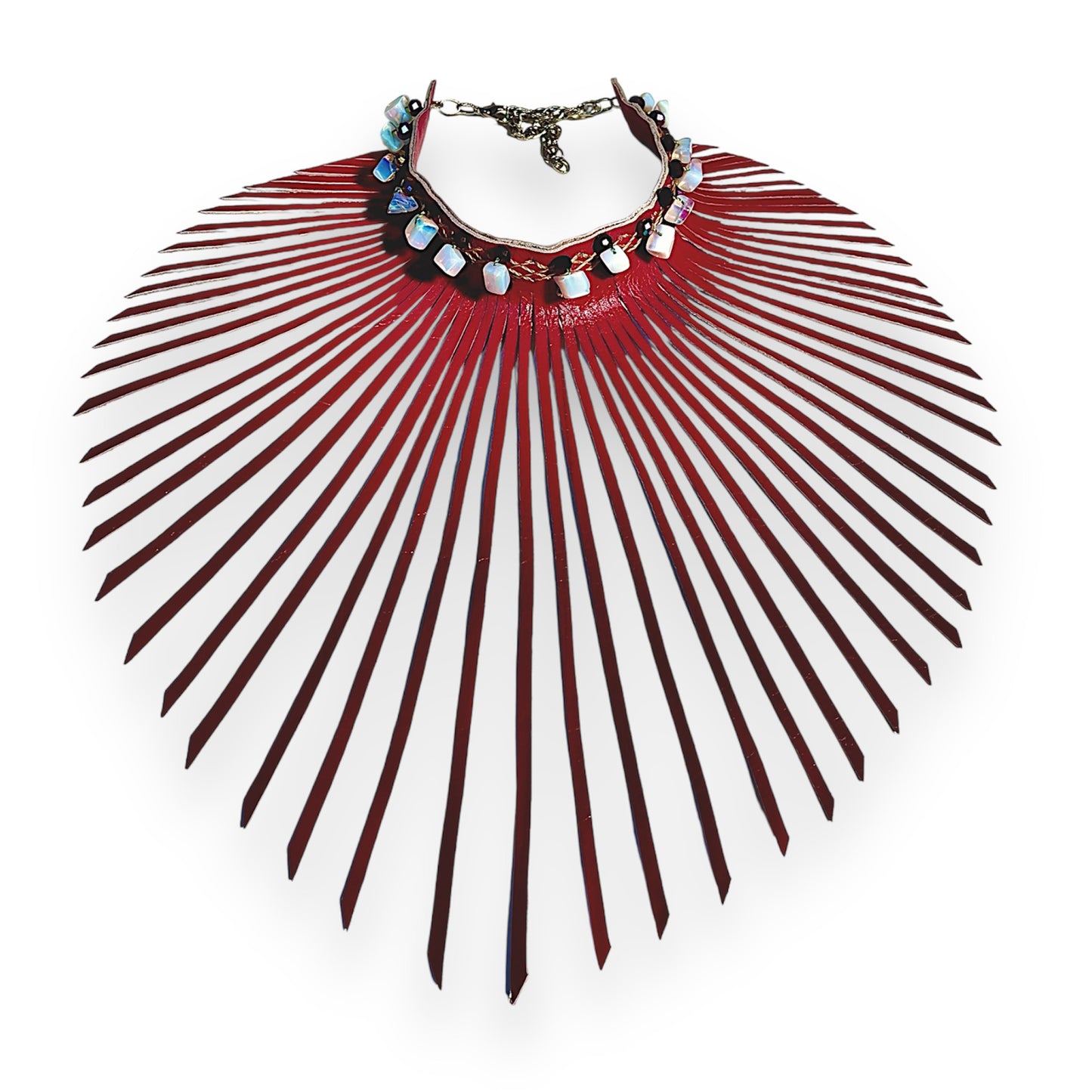 Dark Purple Fringe Leather Choker Adorned with Opel Stones & Black Quartz Crystal Beads