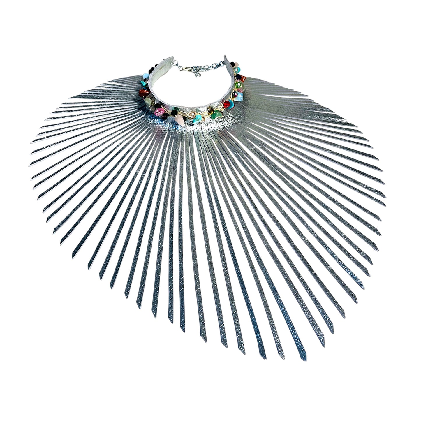 Embossed Silver Leather Fringe Choker Adorned With Selection Of Gemtones & Quartz Crystal Beads