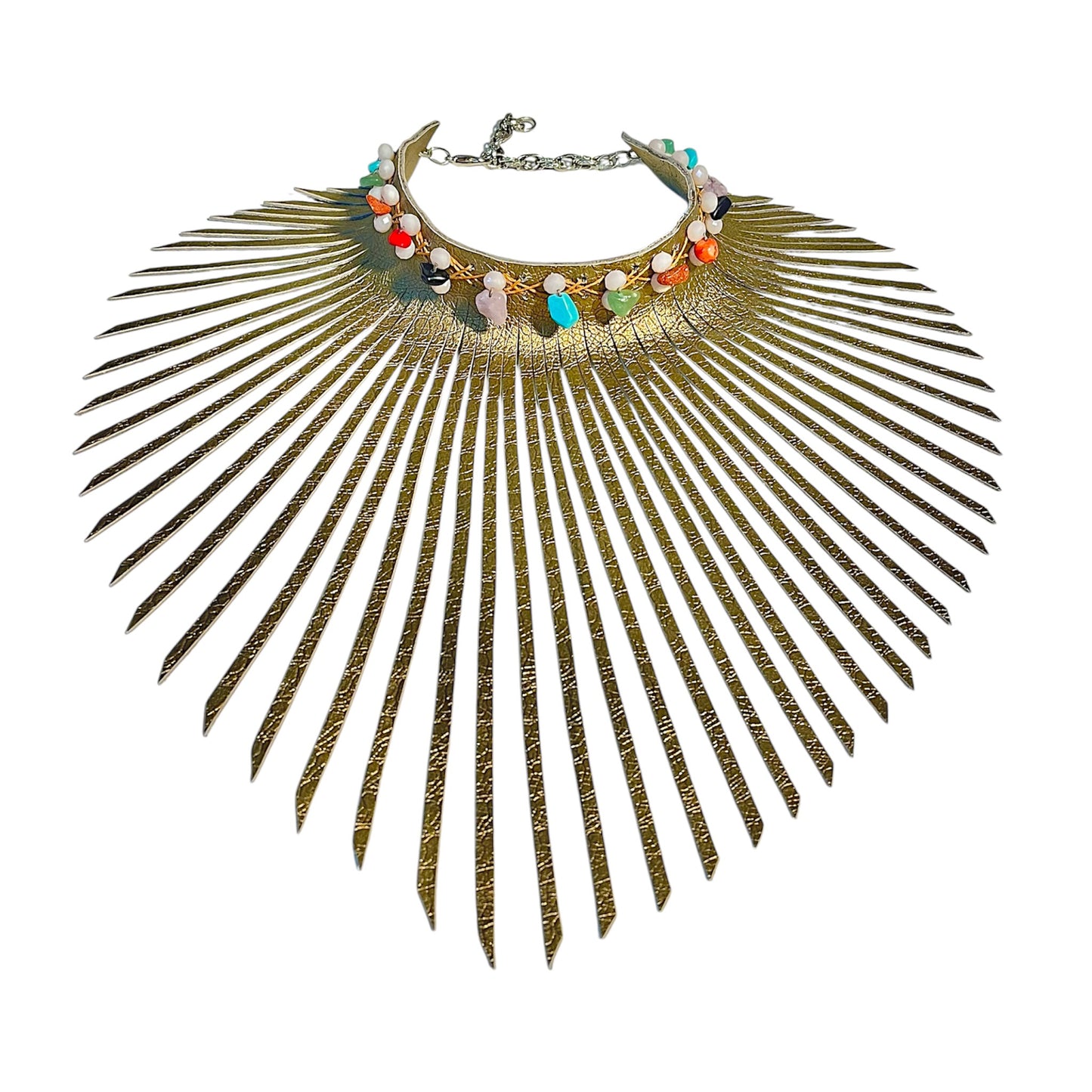 Gold Embossed Fringe Leather Choker Adorned With Multiple Gemstones & Quartz Crystal Beads