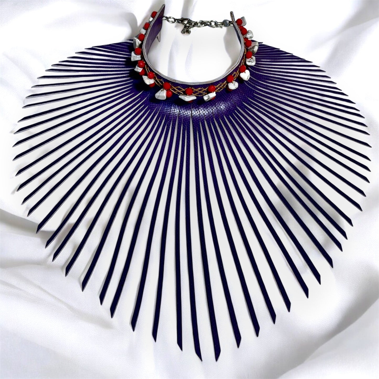 Light Purple Fringe Leather Choker Adorned with White Stones & Yellow Quartz Crystal Beads