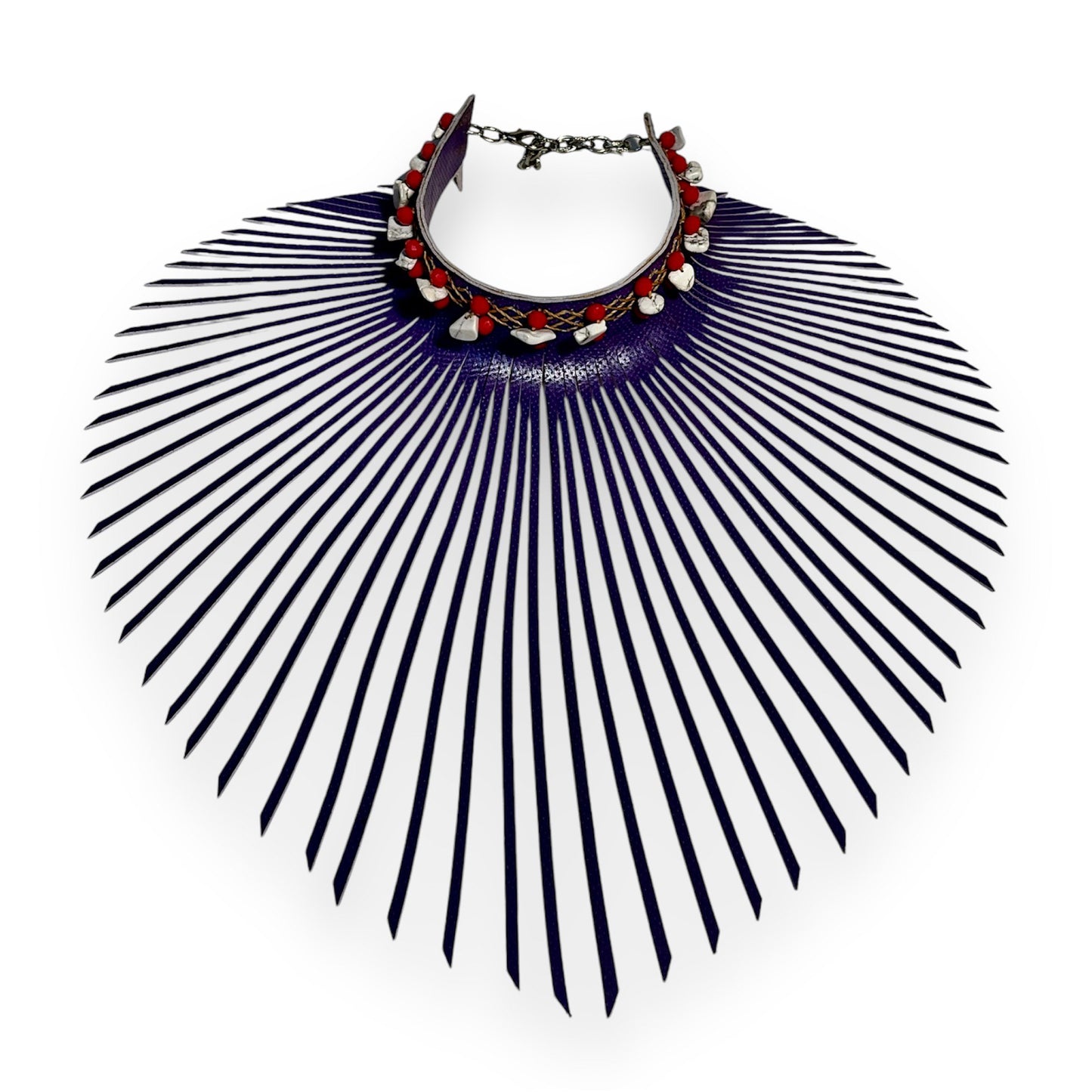 Light Purple Fringe Leather Choker Adorned with White Stones & Yellow Quartz Crystal Beads