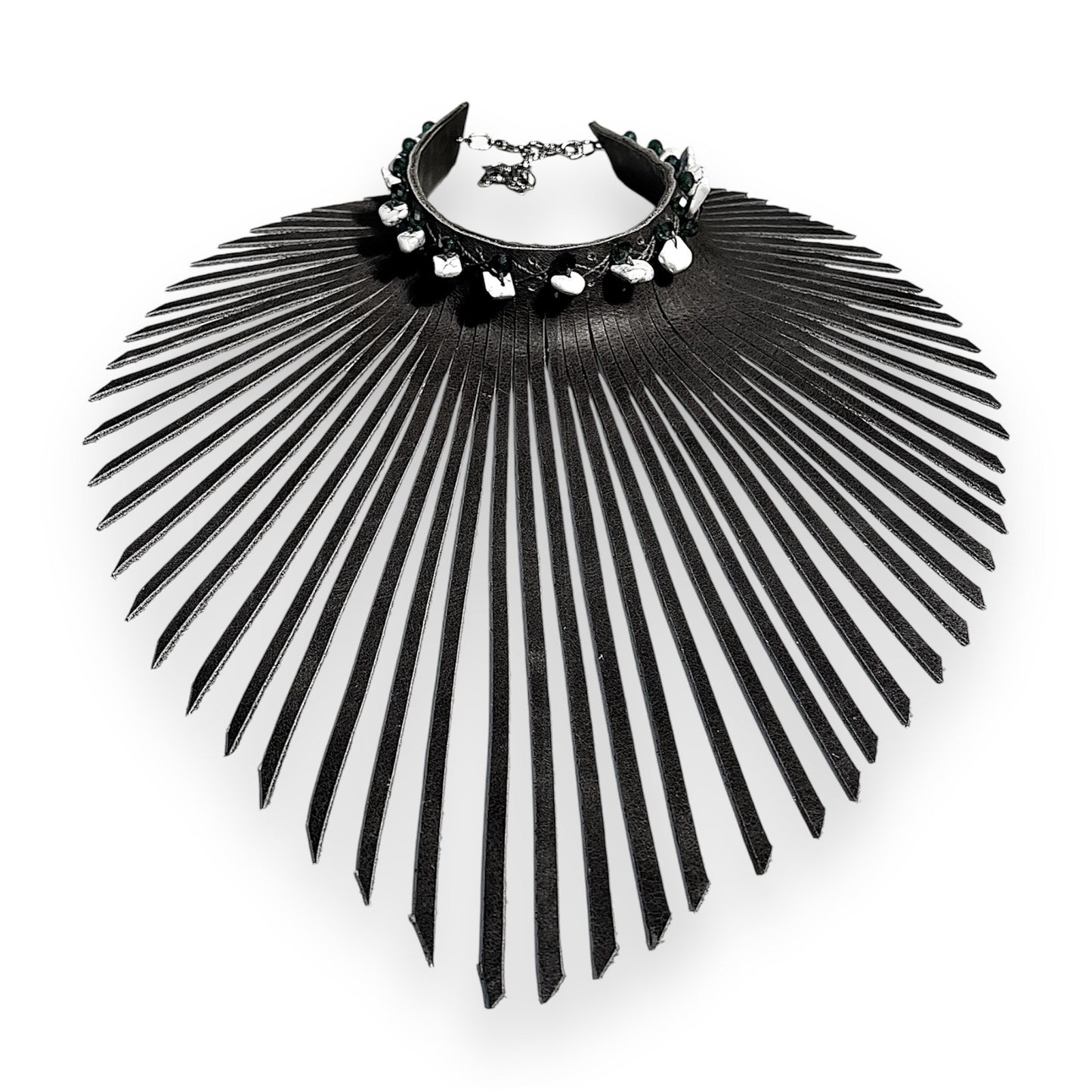 Pastel Gray Leather Choker Adorned With White Stones & Emerald Green Crystal Beads