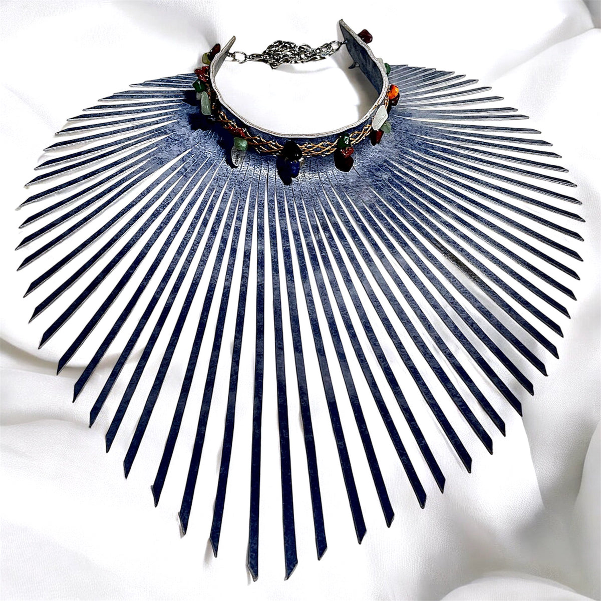 Light Blue Patterned Leather Fringe Choker with Mixed Gemstones & Quartz, handmade statement choker