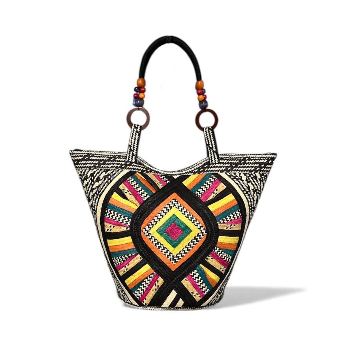 Multicoloured Heart Pattern Hand-Woven Caña Flecha Handbag, front view – handmade in Colombia by Fundación La Otra Vuelta for Stand Out and Shout Out