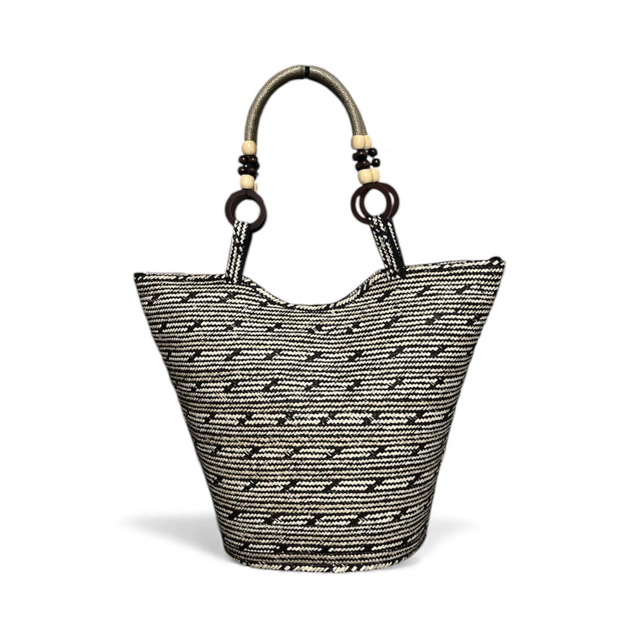 Neutral Colour Circle Pattern Bucket Design Hand Wawen Ladies Handbag