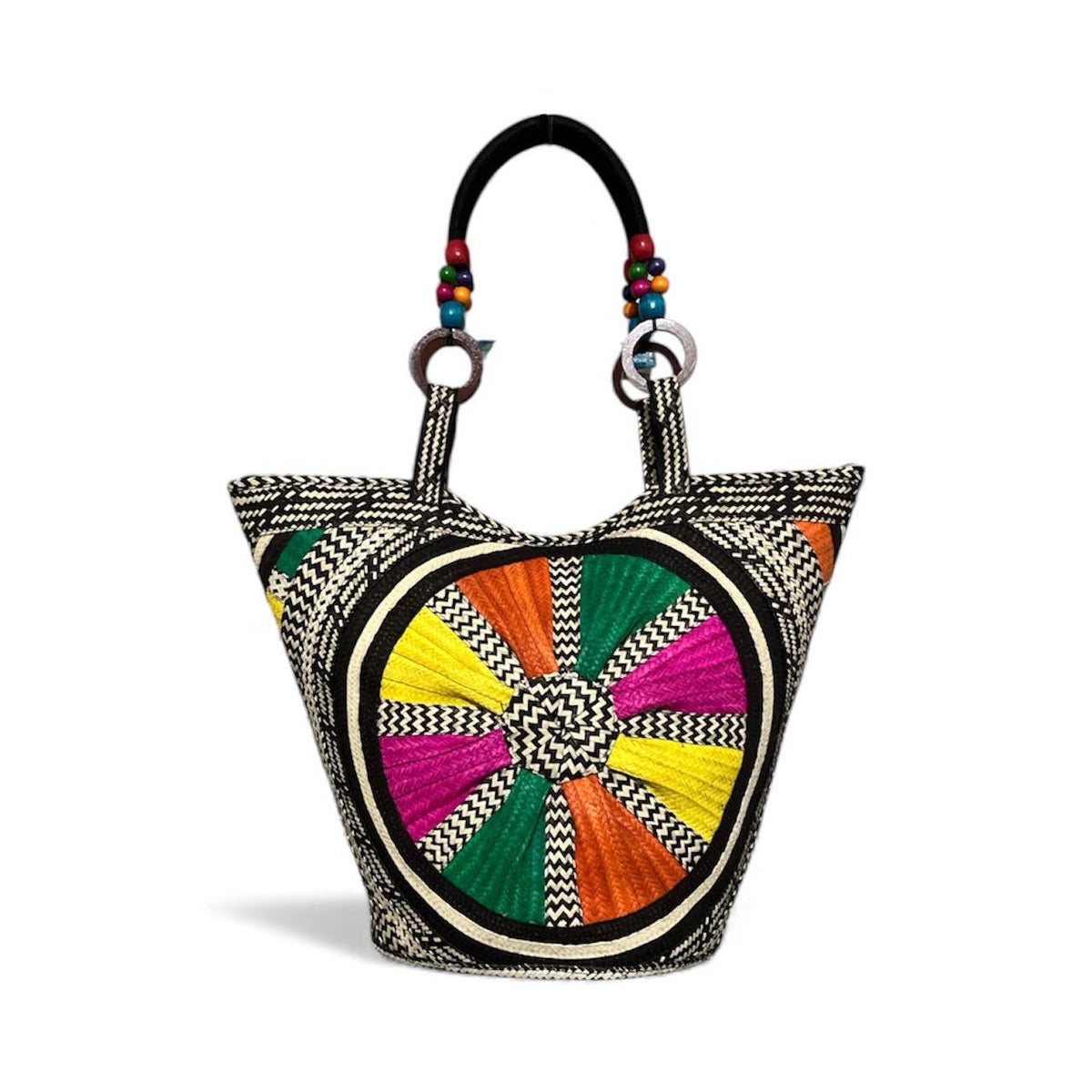 Multicoloured Circle Pattern Hand-Woven Caña Flecha Handbag, front view – handmade in Colombia by Fundación La Otra Vuelta for Stand Out and Shout Out