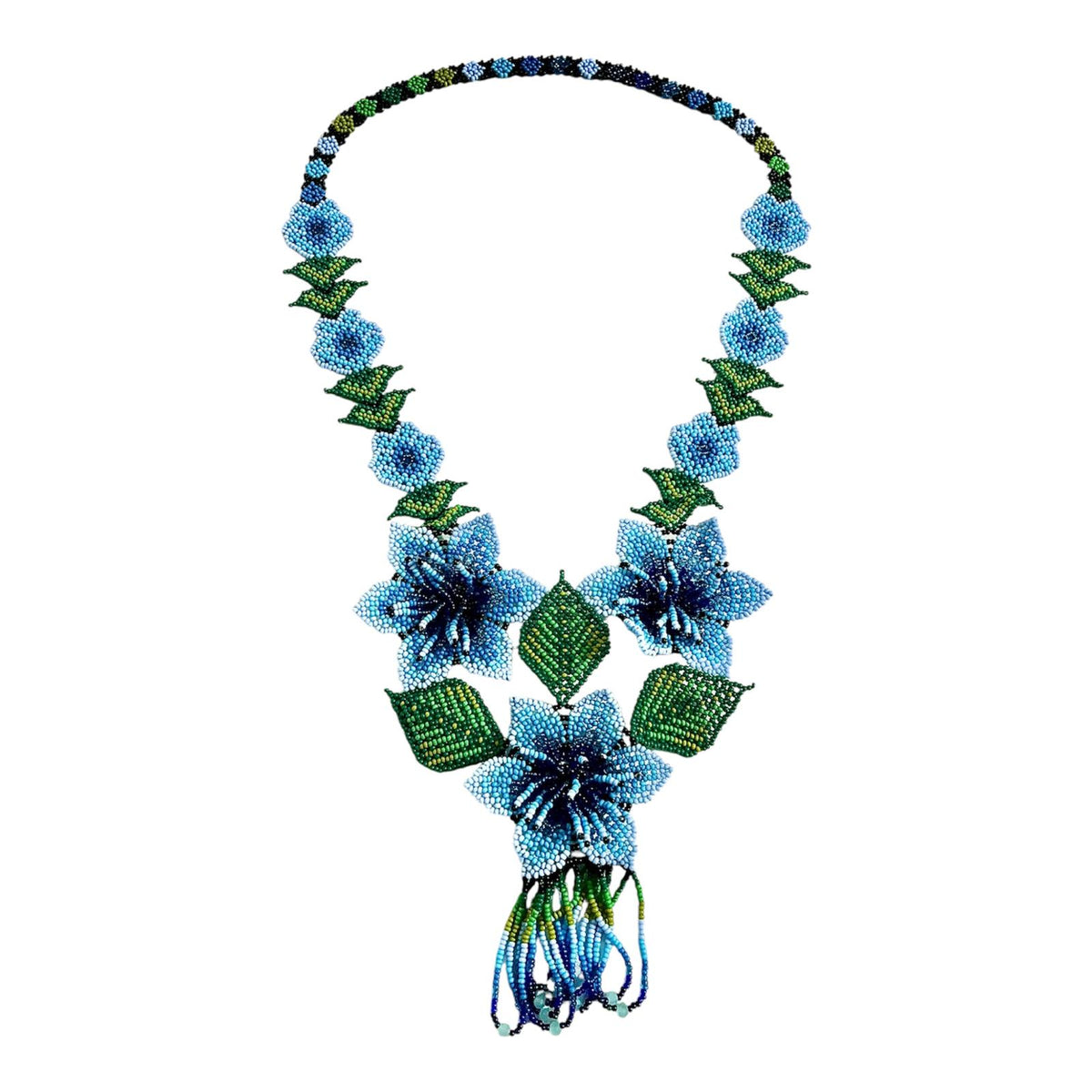 Blue Flower Garland Beaded Drop Necklace laid flat on white, handmade Colombian glass bead necklace by Zenú women