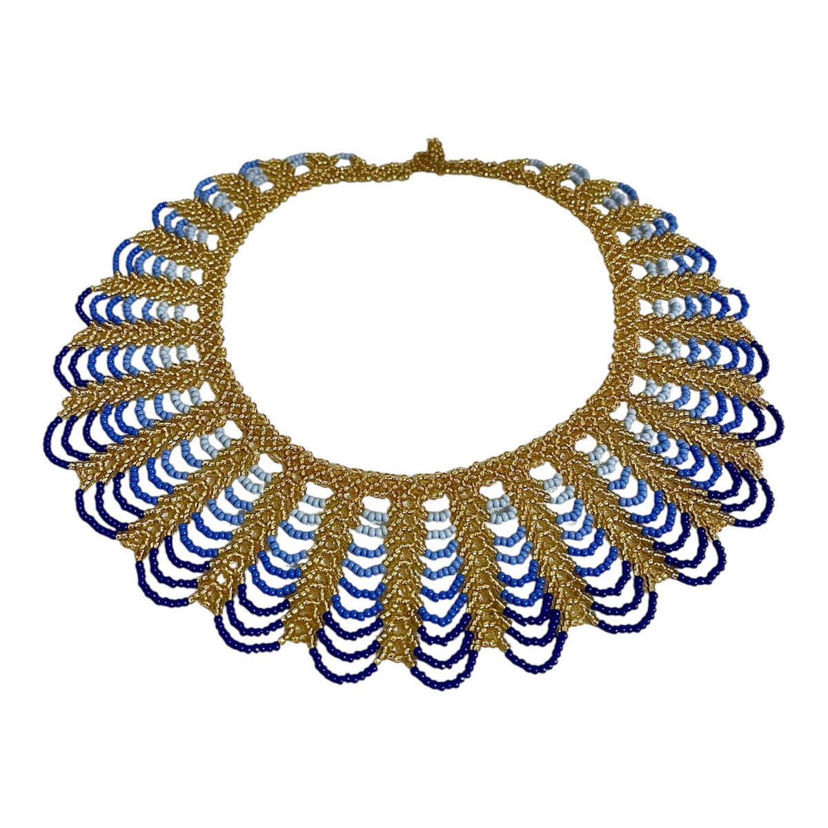 Royal Blue & Gold Scalloped Beaded Collar Necklace laid flat on white, handmade Colombian glass bead necklace by Zenú women