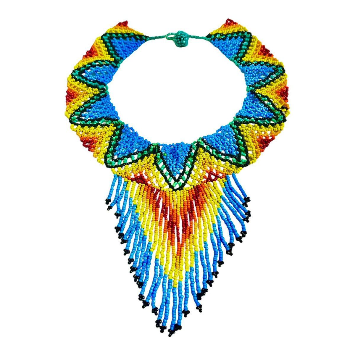 Turquoise & Yellow Beaded Fringe Bib Necklace laid flat on white, handmade Colombian glass bead necklace by Zenú women