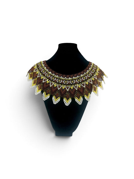 Brown & Gold Sunburst Ceremonial Beaded Collar on velvet stand, handmade Colombian glass bead necklace by Zenú women