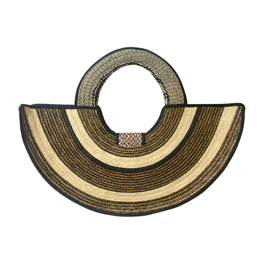 Natural & Brown Half-Moon Caña Flecha Handbag with turquoise handle, front view – handmade in Colombia by Fundación La Otra Vuelta