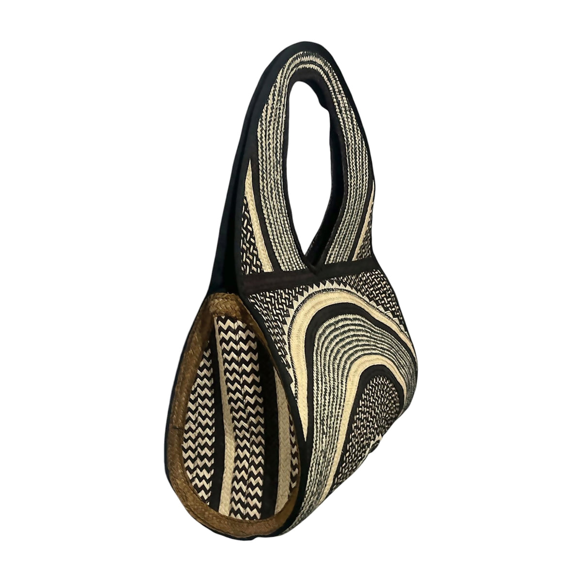 Black & Natural Sunrise Teardrop Caña Flecha Handbag, side view – handmade in Colombia by Fundación La Otra Vuelta