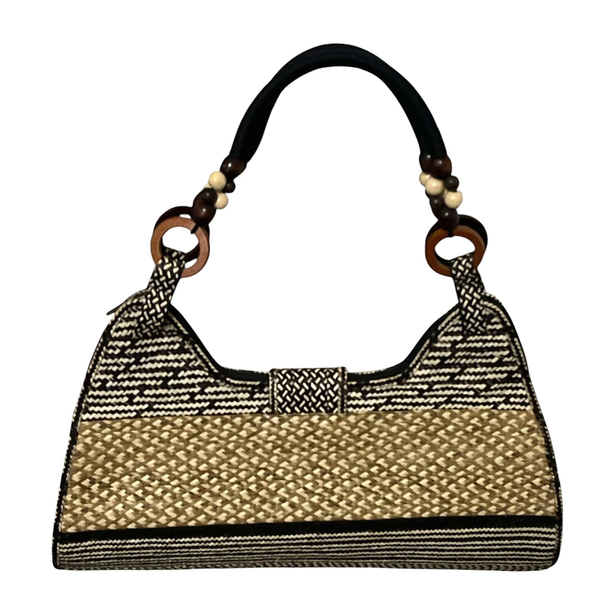 Checkerboard Flap Caña Flecha Shoulder Bag with Beaded Handles, back view – handmade in Colombia by Fundación La Otra Vuelta