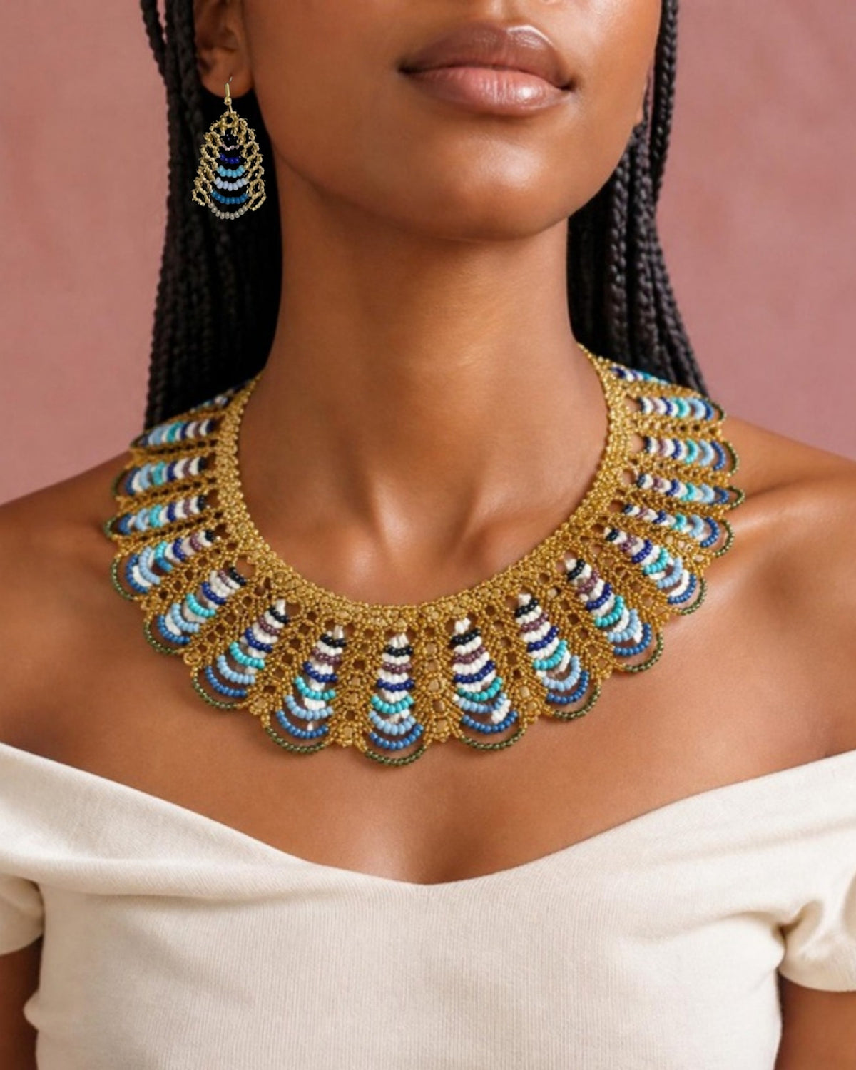 Peacock Blue & Gold Scalloped Beaded Collar Necklace & Earrings Set
