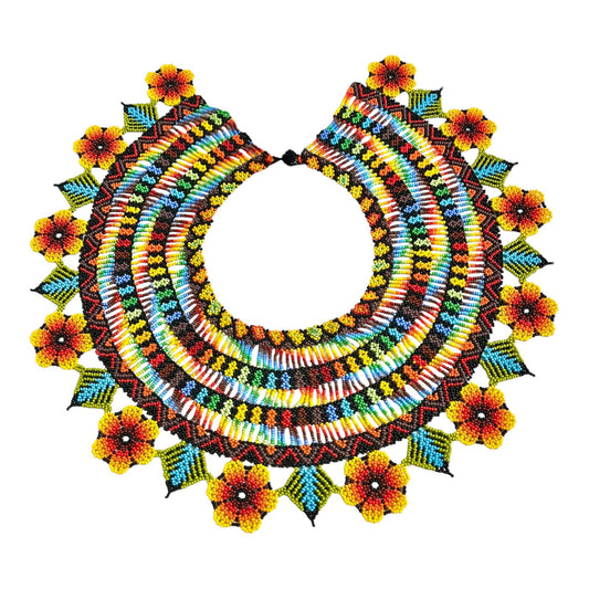 Sunflower Ceremonial Beaded Collar laid flat on white, handmade Colombian glass bead necklace by Zenú women
