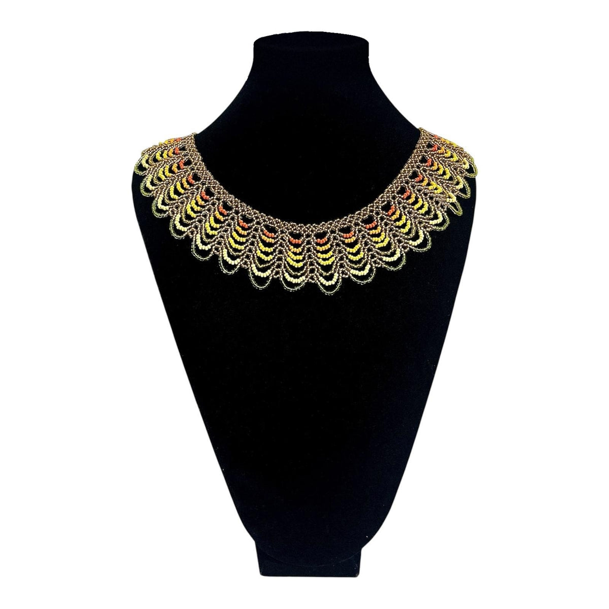 Sunshine Gold Scalloped Beaded Collar Necklace on velvet stand, handmade Colombian glass bead necklace by Zenú women
