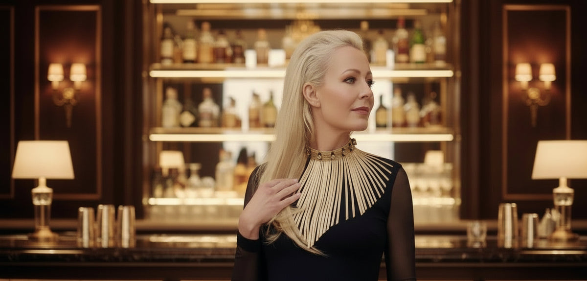 Woman in a stylish outfit with a decorative necklace in a bar setting