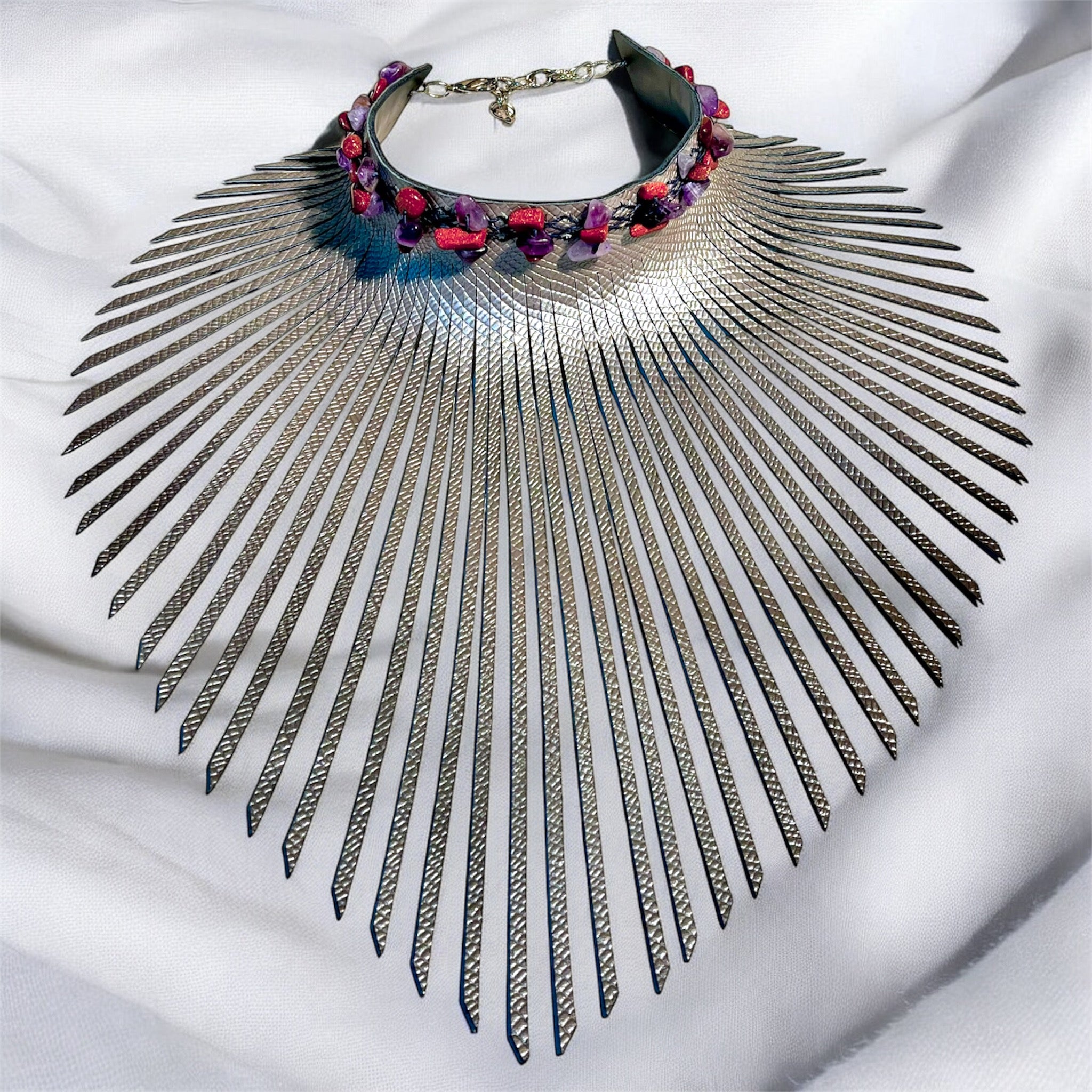 Choacker Sand Silver Fringe Leather Choker with Amethyst & Gold Sand – Stand Out And ...