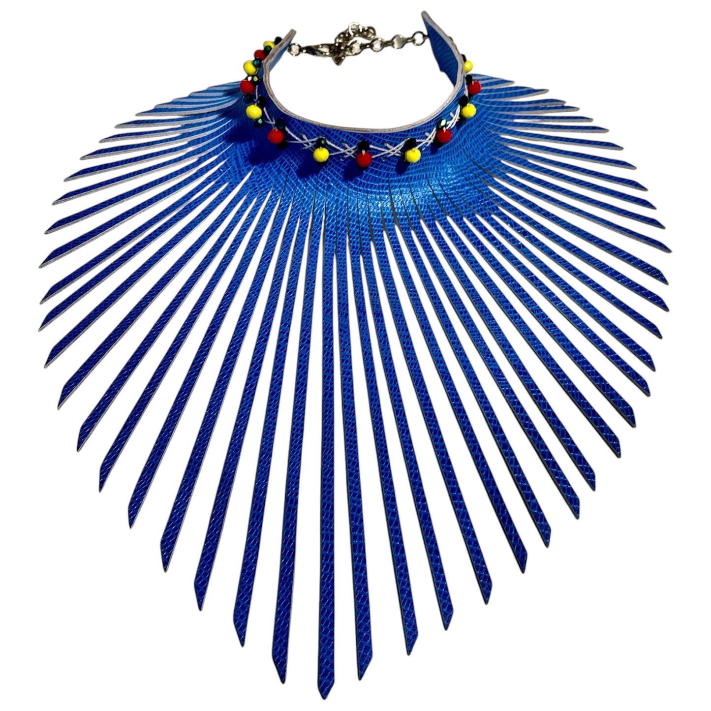 Two Tone Blue Patterned Embossed Fringe Leather Choker Adorned with Yellow Red & Black Quartz Crystal Beads