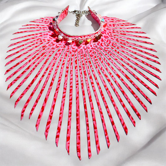 Pink Pattern Leather Fringe Choker Adorned With A selection of Multi Raw Gem Stones