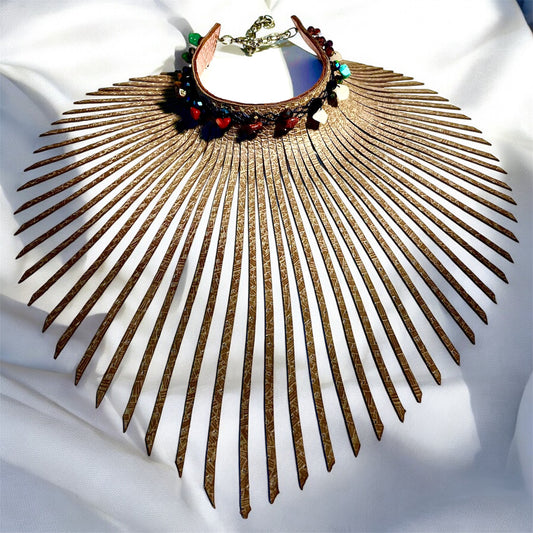 Pastel Colour Patterned Embossed Leather Fringe Leather Choker Adorned With Various Gem  Stones And Quartz Crystal Beads