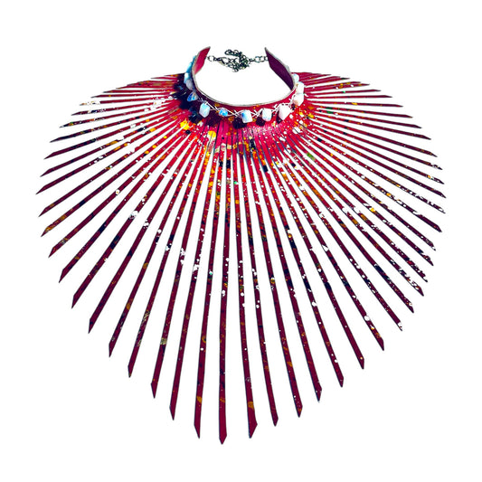 Rose Artistic Colour Splashed Leather Fringe Choker Adorned With Opel  Raw Gem Stones