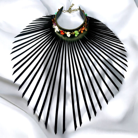 Black Leather Fringe Choker adorn With Selection Of Gem Stones and Clear Quartz Crystal Beads.