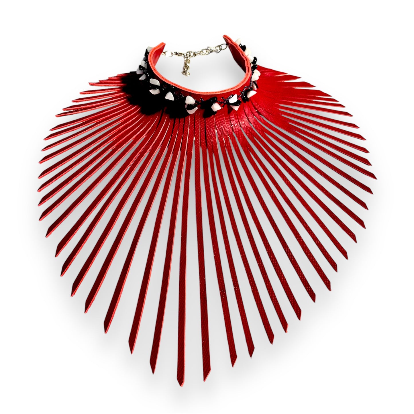 Red Leather Fringe Choker adorn With  and Clear Quartz Crystal Beads.