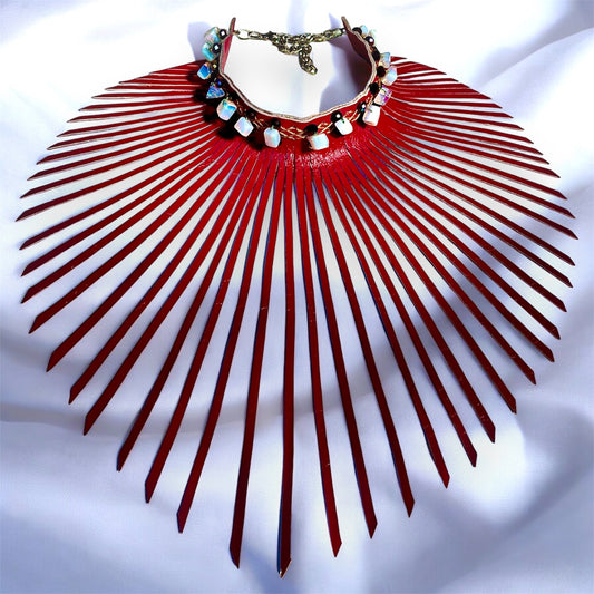 Dark Purple Fringe Leather Choker Adorned with Opel Stones & Black Quartz Crystal Beads