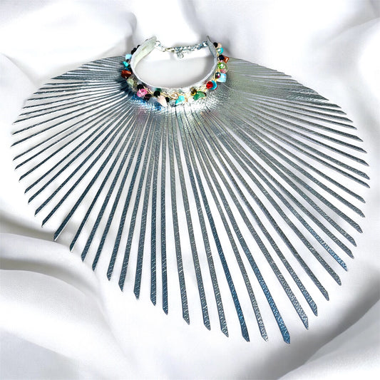 Embossed Silver Leather Fringe Choker Adorned With Selection Of Gemtones & Quartz Crystal Beads