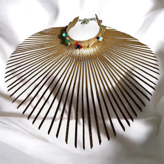 Gold Embossed Leather Fringe Choker Adorned With Multi Gemstones & Quartz Crystal Beads