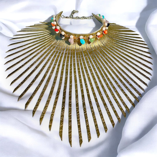 Gold Embossed Fringe Leather Choker Adorned With Multiple Gemstones & Quartz Crystal Beads