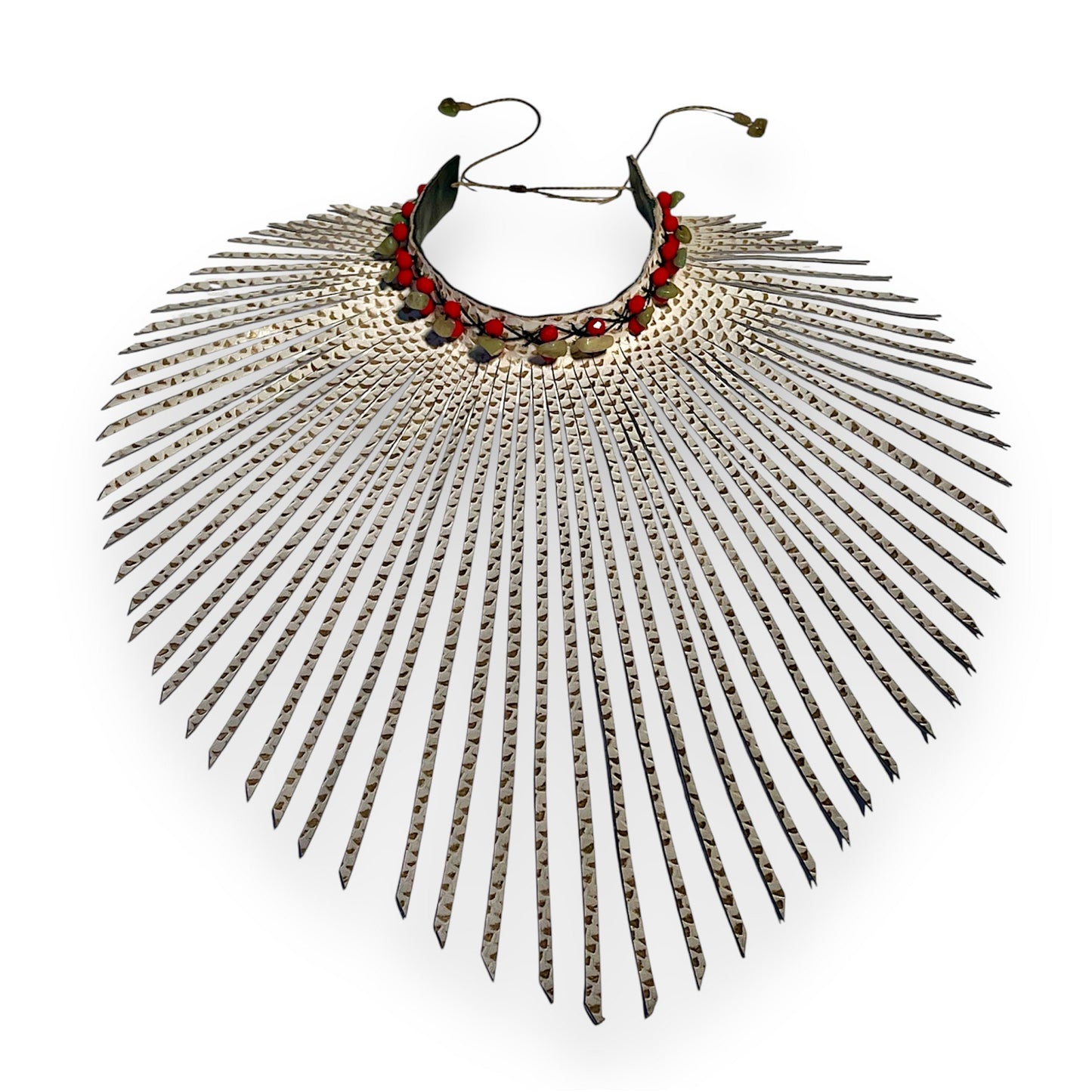 Gold And White Pattern Embossed Fringe Leather Choker Adorned with Stones and Red Quartz Crystal Beads
