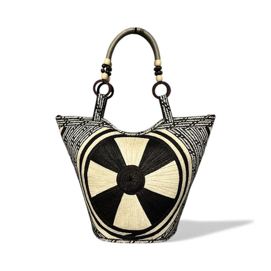 Neutral Colour Circle Pattern Bucket Design Hand Wawen Ladies Handbag