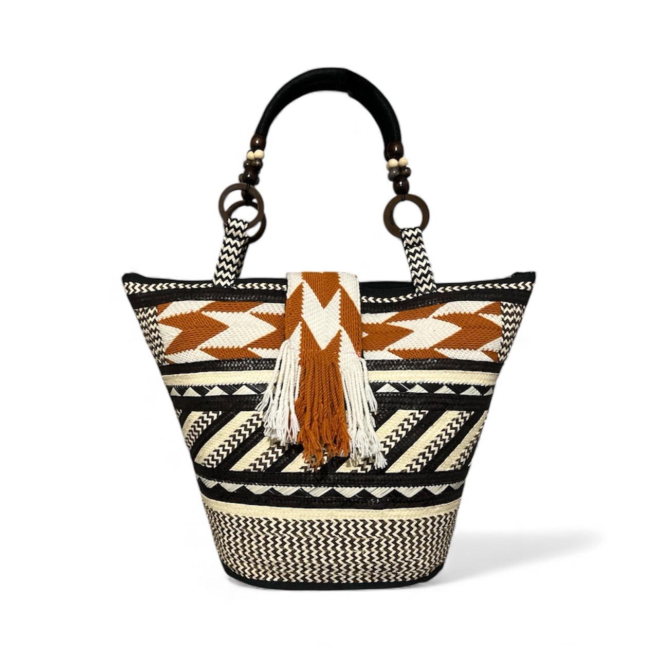 Neutral Colours Indigenous Pattern Hand Wawen Bucket Design Ladies Handbag