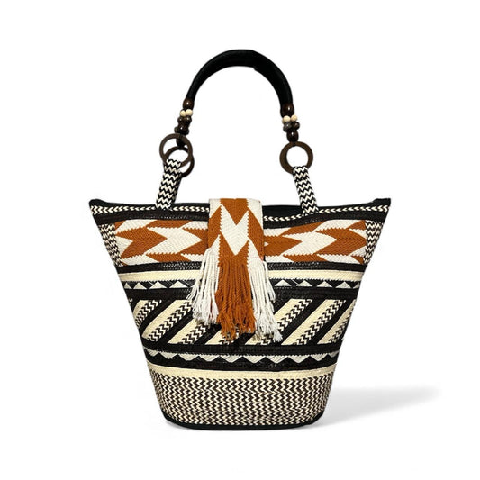 Neutral Colours Indigenous Pattern Hand Wawen Bucket Design Ladies Handbag