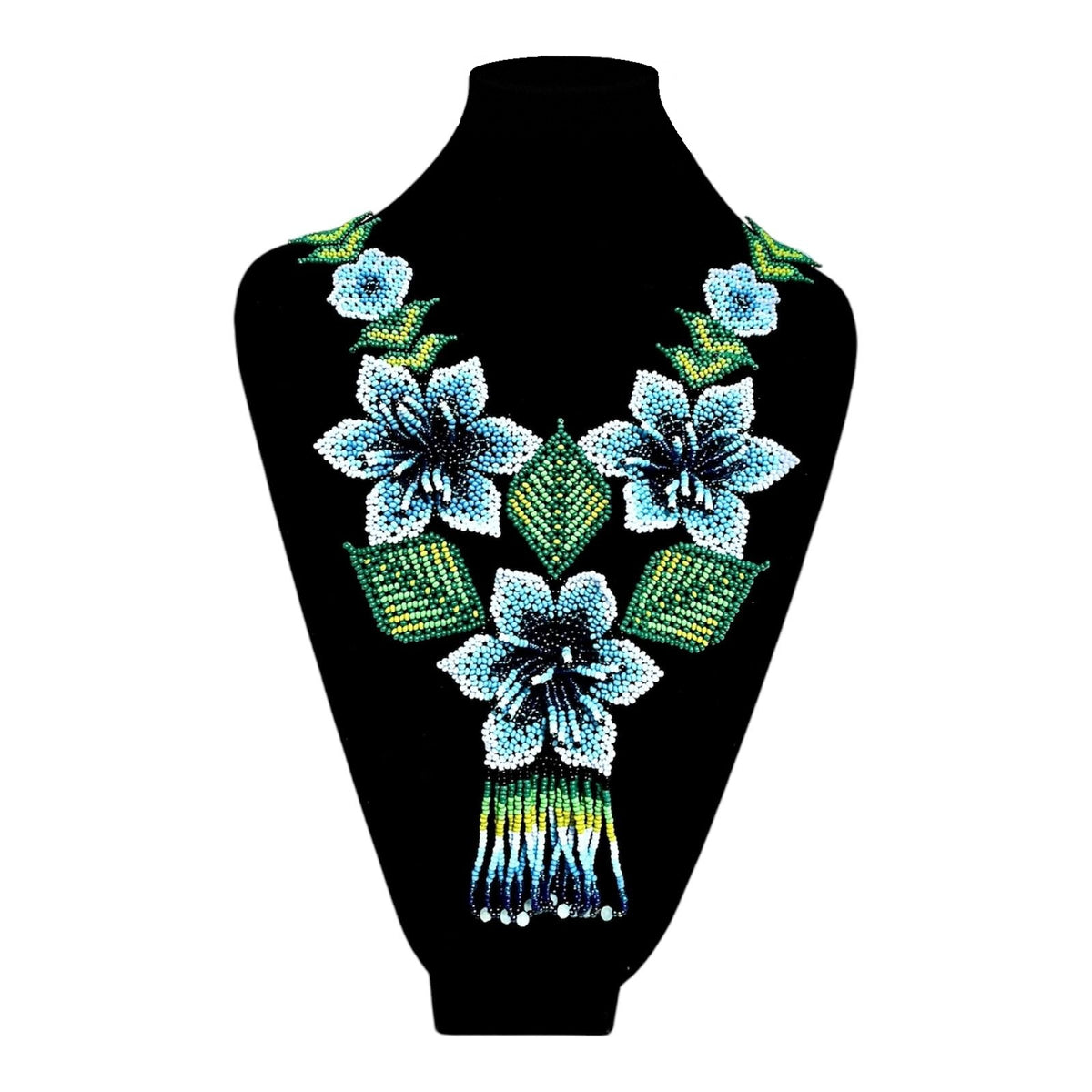 Blue Flower Garland Beaded Drop Necklace on velvet stand, handmade Colombian glass bead necklace by Zenú women