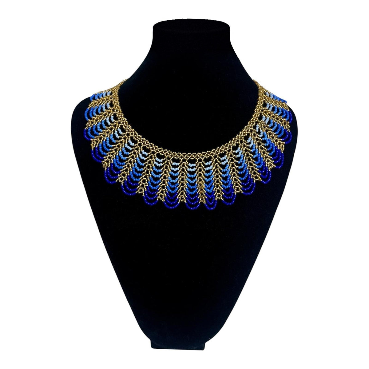 Royal Blue & Gold Scalloped Beaded Collar Necklace on velvet stand, handmade Colombian glass bead necklace by Zenú women