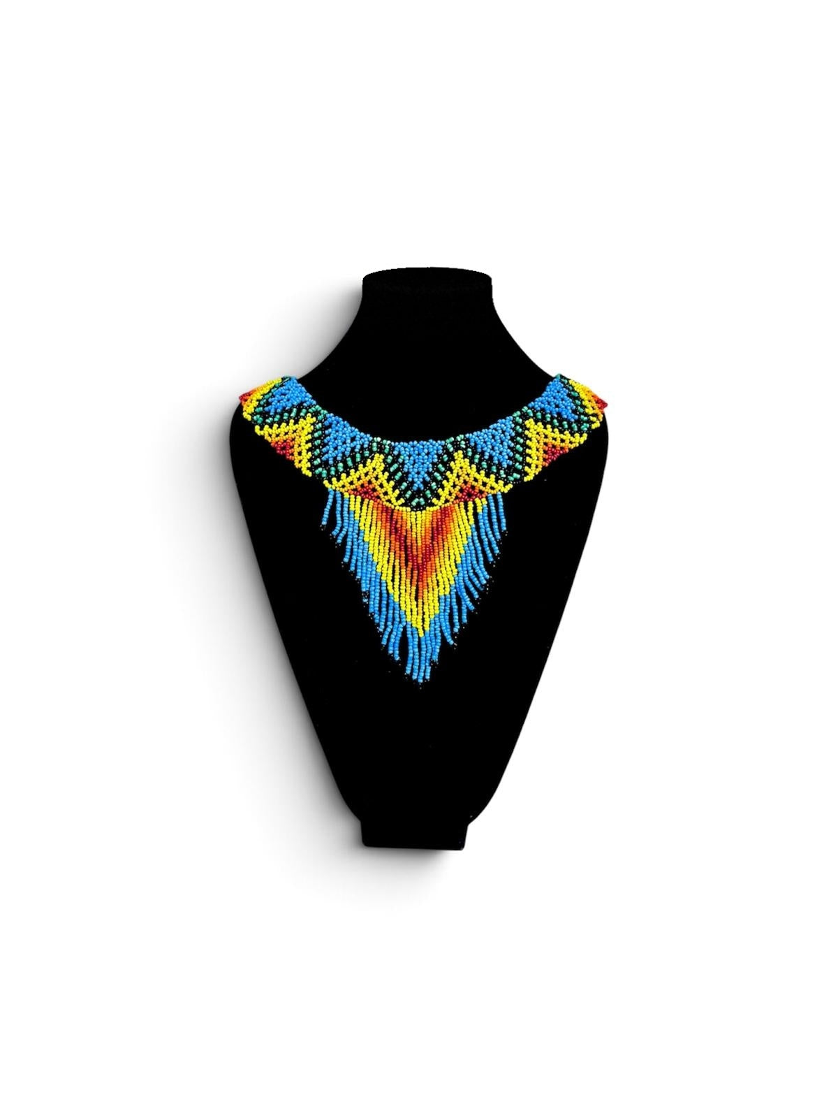 Turquoise & Yellow Beaded Fringe Bib Necklace on velvet stand, handmade Colombian glass bead necklace by Zenú women