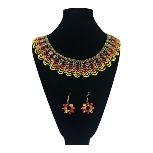 Fire Gold Scalloped Beaded Collar Necklace on velvet stand with matching earrings, handmade Colombian glass bead necklace by Zenú women