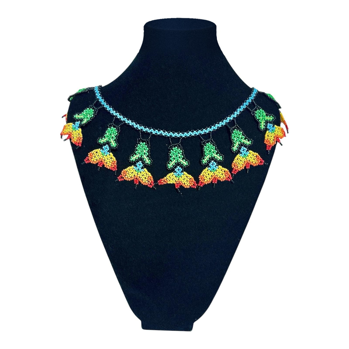 Flame Flower Beaded Drop Collar Necklace on velvet stand, handmade Colombian glass bead necklace by Zenú women